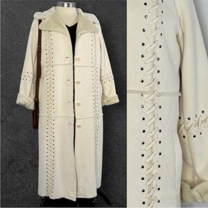 Dennis Basso cream faux suede coat Western style faux Gus maxi coat with stud XS